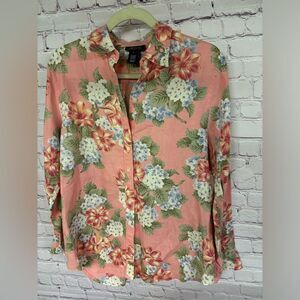 VINTAGE Jones New York Pink Floral Cottagecore Relaxed Fit Linen Shirt Size L